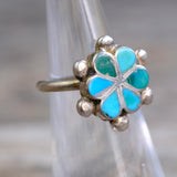 Vintage Sterling Turquoise Inlay Flower Ring 4.25