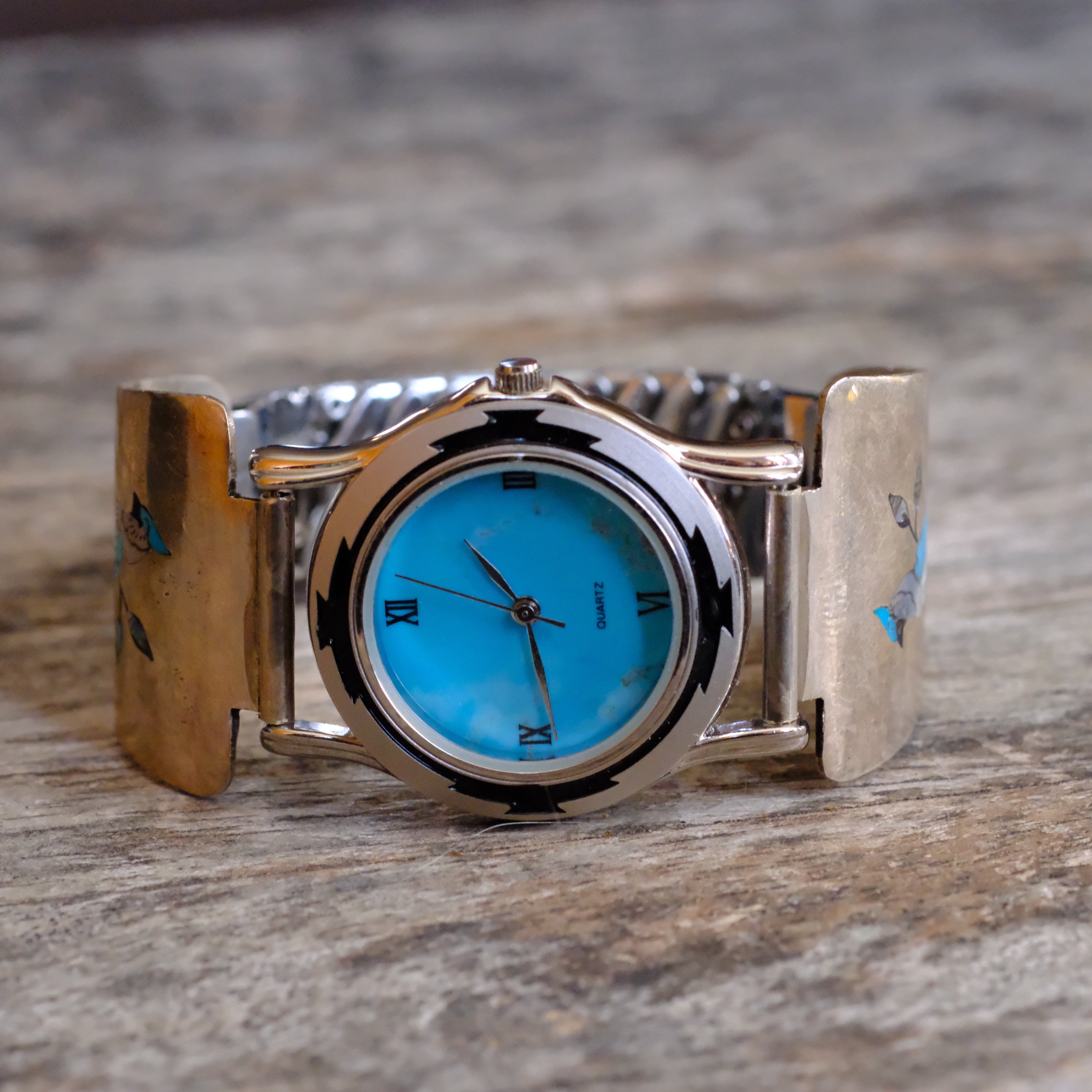 Vintage Sterling Inlay Blue Jay Watch With Turquoise Dial