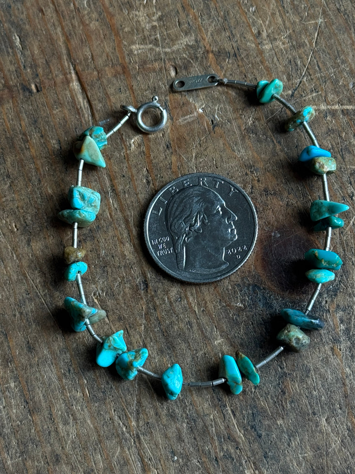 Vintage Sterling Silver Beaded Raw Turquoise Bracelet