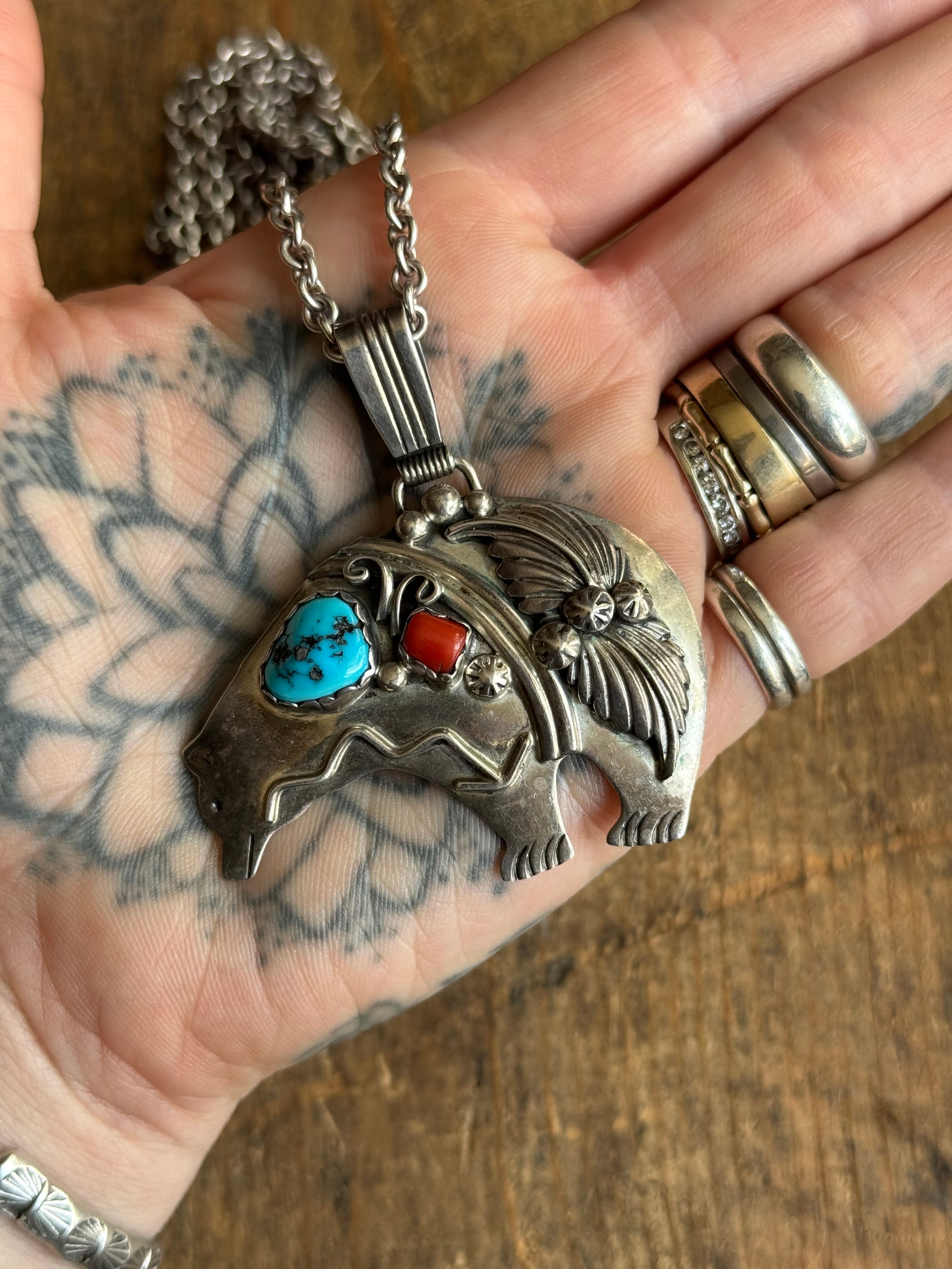 Vintage Sterling Silver Turquoise and Coral Bear Necklace