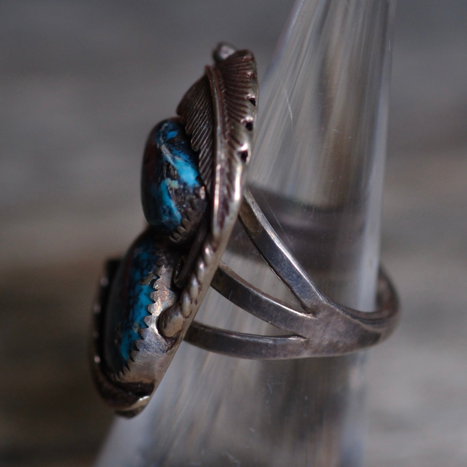Vintage Sterling 2-Stone Matrix Turquoise Feather Ring 5.25