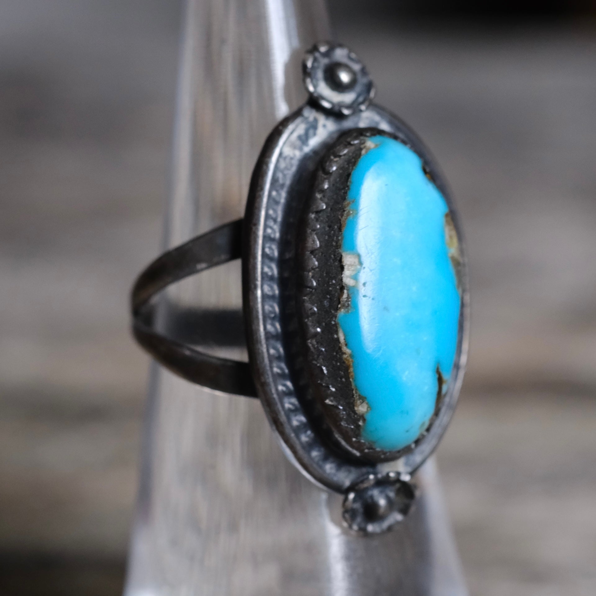 Vintage Sterling Turquoise Roper Ring 5.25