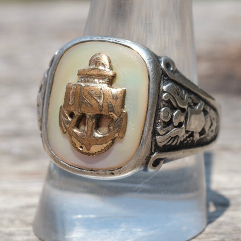 Vintage Sterling Mother Of Pearl USN Signet Ring 11