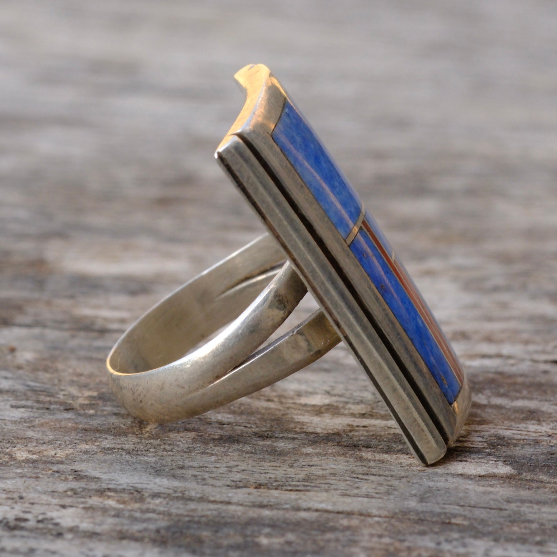 Vintage Sterling Sodalite and Coral Inlay Mosaic Ring 6.25