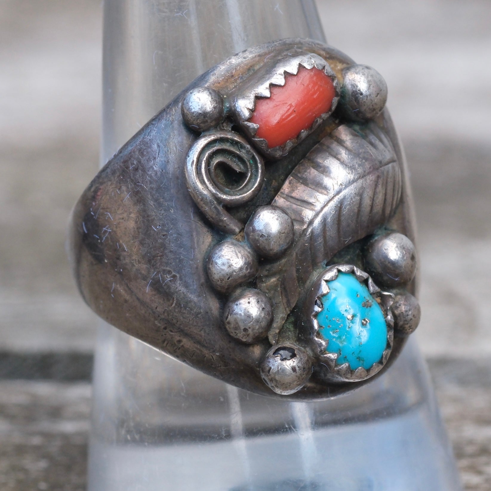 Vintage Sterling Turquoise and Coral Feather Ring 10.25