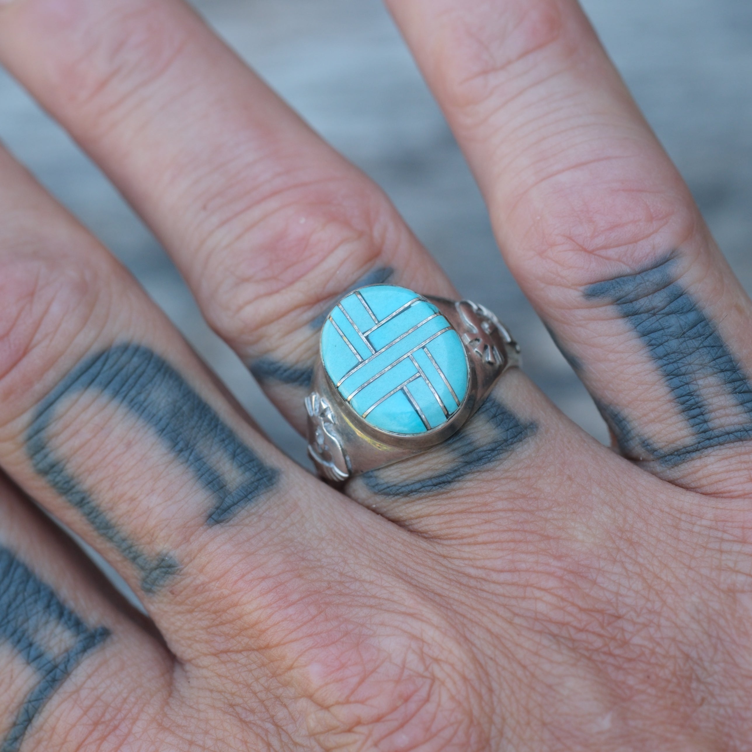Vintage Sterling Turquoise Inlay Kokopelli Ring 8.75