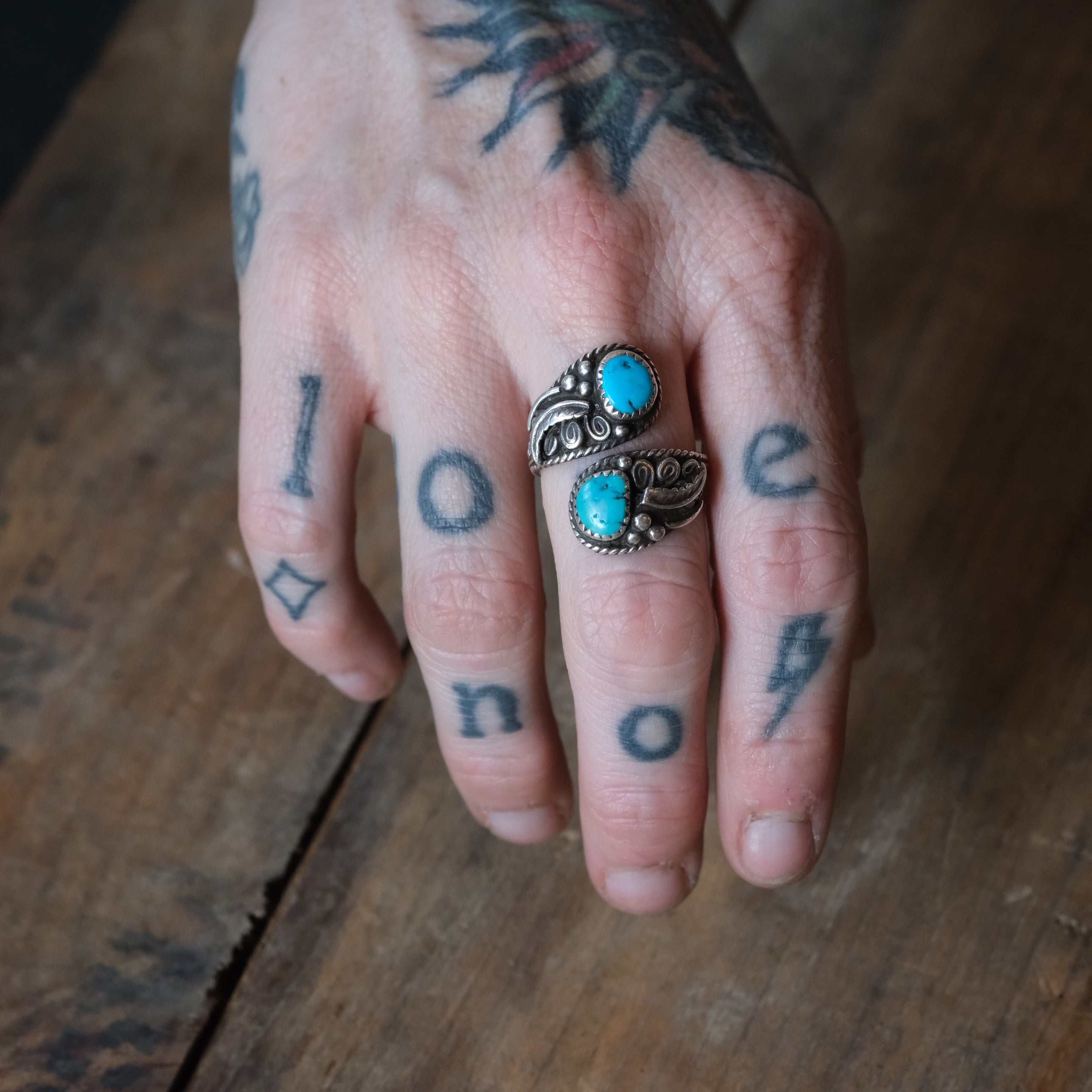 Vintage Sterling 2-Stone Turquoise Overpass Ring 6