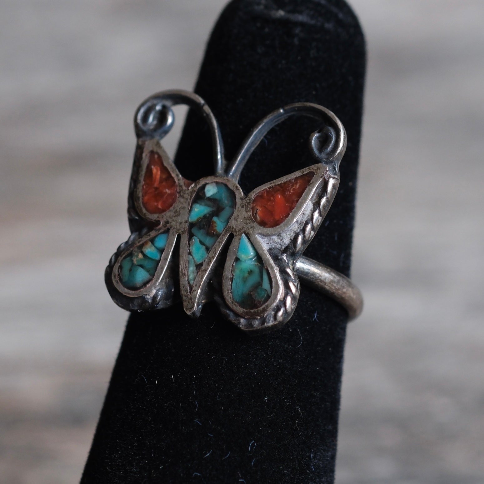Vintage Sterling Turquoise and Coral Butterfly Ring 5