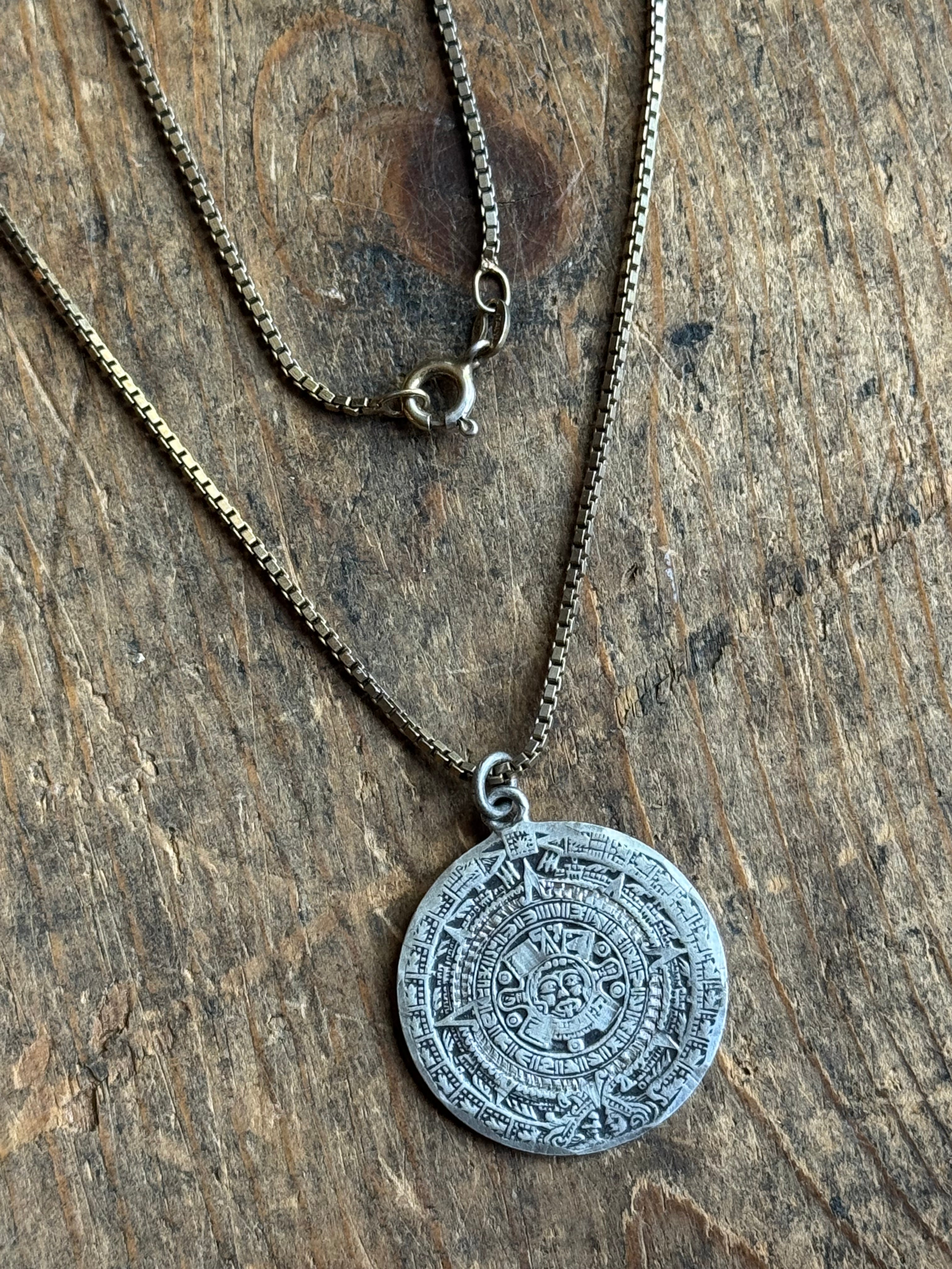 Vintage Sterling Silver Aztec Calendar Necklace