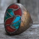 Vintage Sterling Turquoise and Coral Inlay Ring 9.5