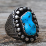 Vintage Sterling Turquoise Ribbed Band Ring 11.75
