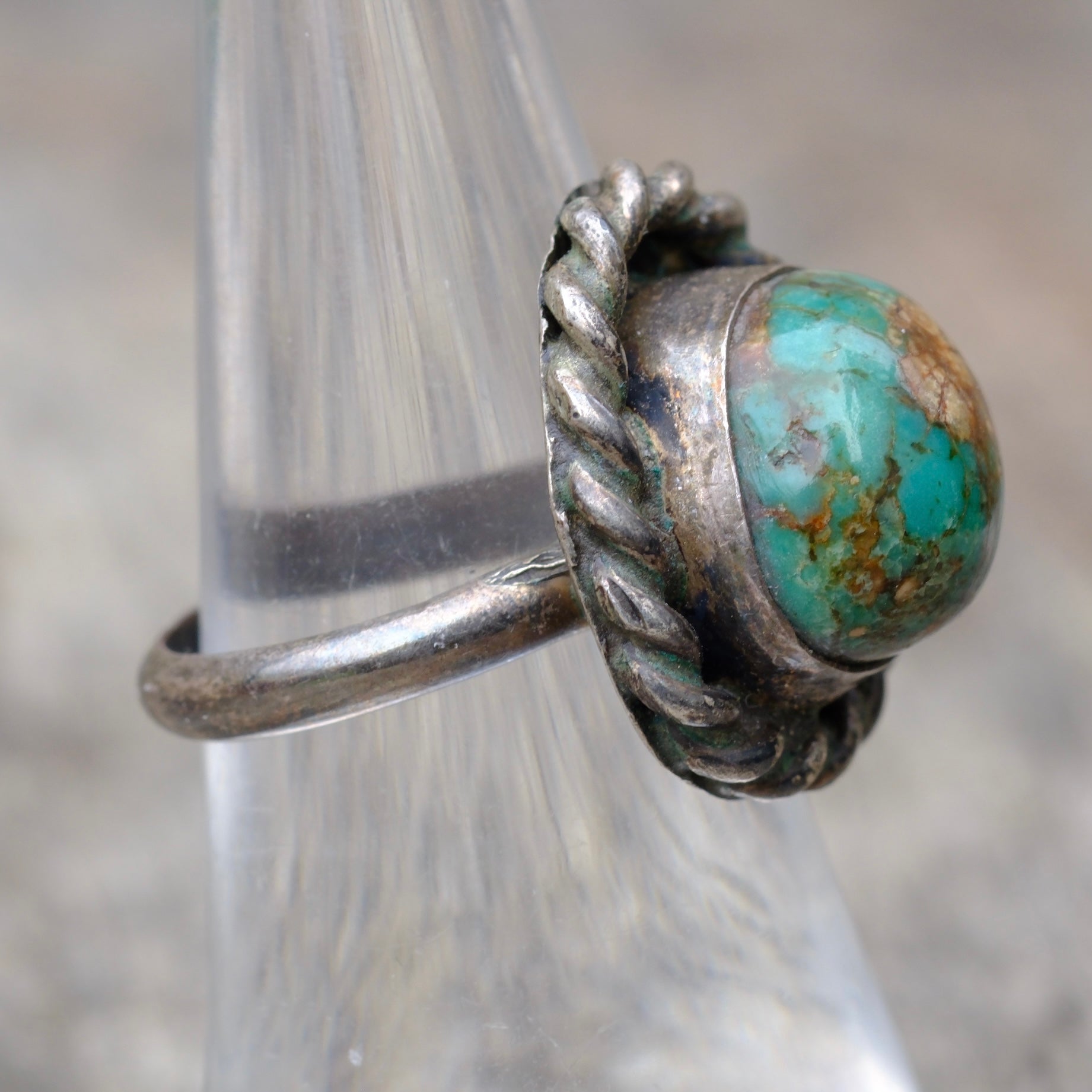 Vintage Sterling Turquoise Roper Ring 6.75