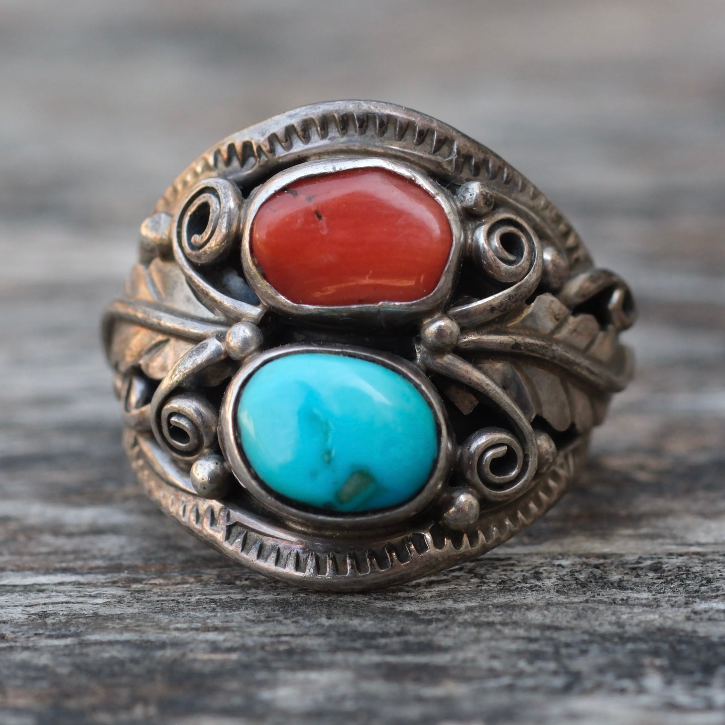 Vintage Sterling Turquoise and Coral Feather Ring 7.75