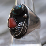 Vintage Sterling Turquoise and Coral Feather Ring 9.75