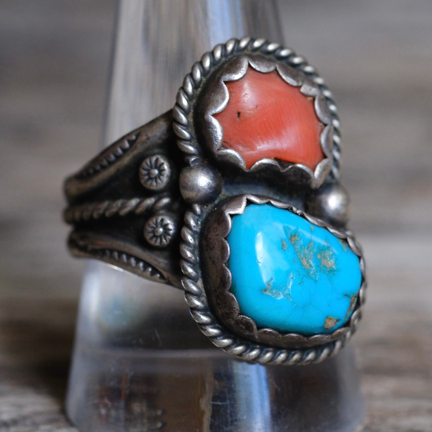 Vintage Sterling Turquoise and Coral Roper Ring 10.75
