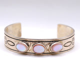 Vintage Sterling 3-Stone Mother Of Pearl Stamped Cuff Bracelet 6.25"