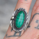 Vintage Sterling Malachite Feather Ring 7.25