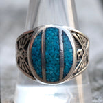 Vintage Sterling Crushed Turquoise Inlay Thunderbird Ring 11.5