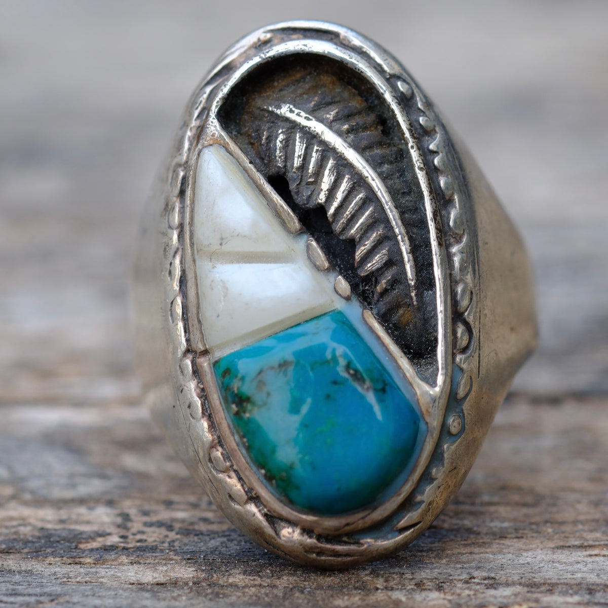 Vintage Sterling Turquoise and Mother Of Pearl Feather Ring 10