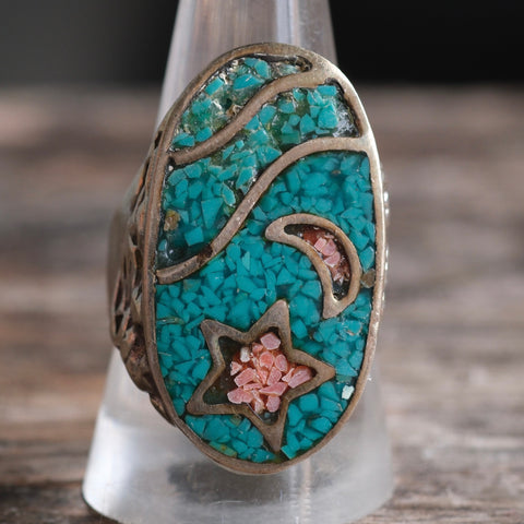 Vintage Sterling Turquoise and Coral Star and Moon Ring 9.75
