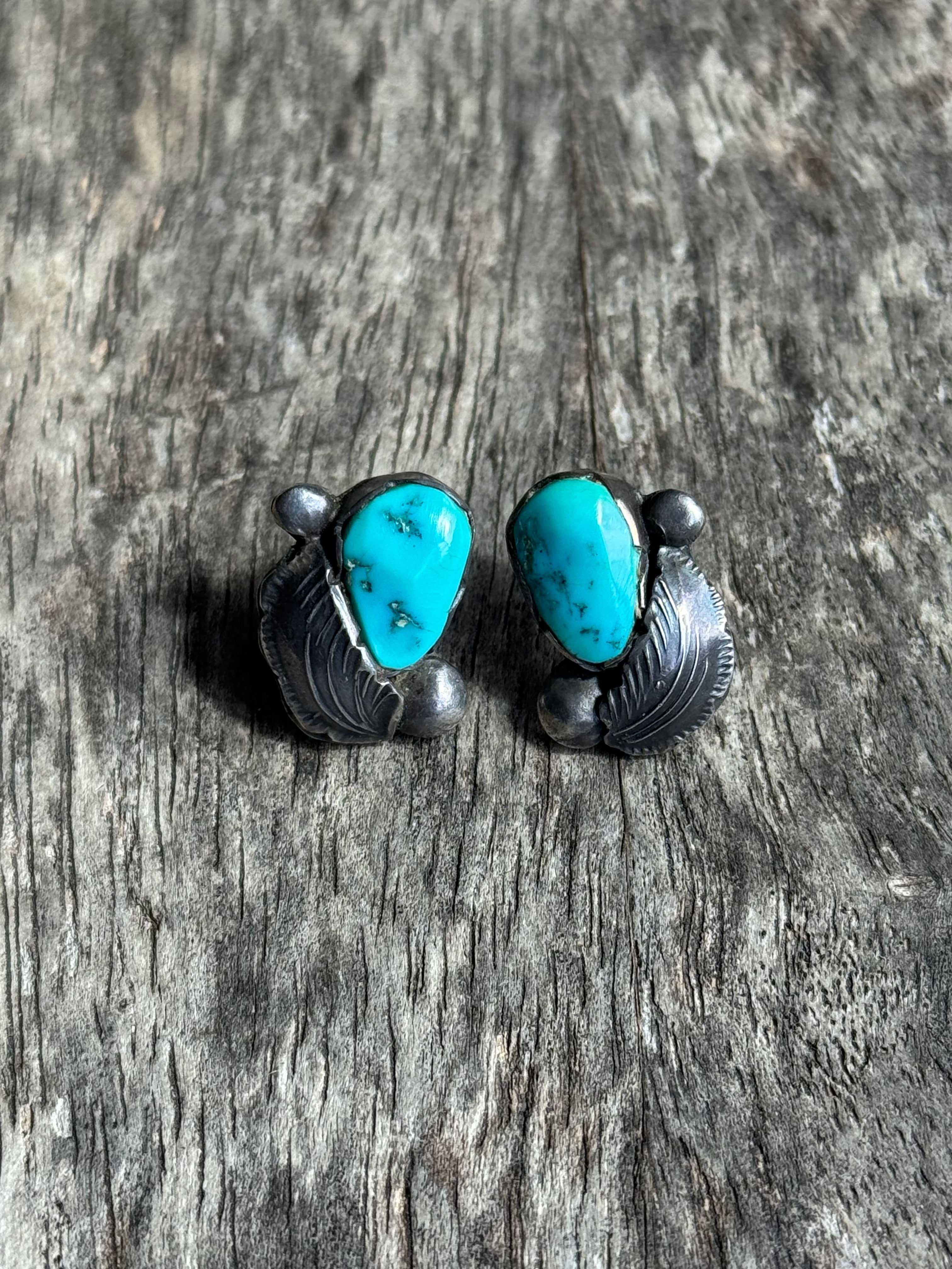 Vintage Sterling Silver Turquoise Feather Earrings