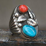 Vintage Sterling Turquoise and Coral Feather Ring 9