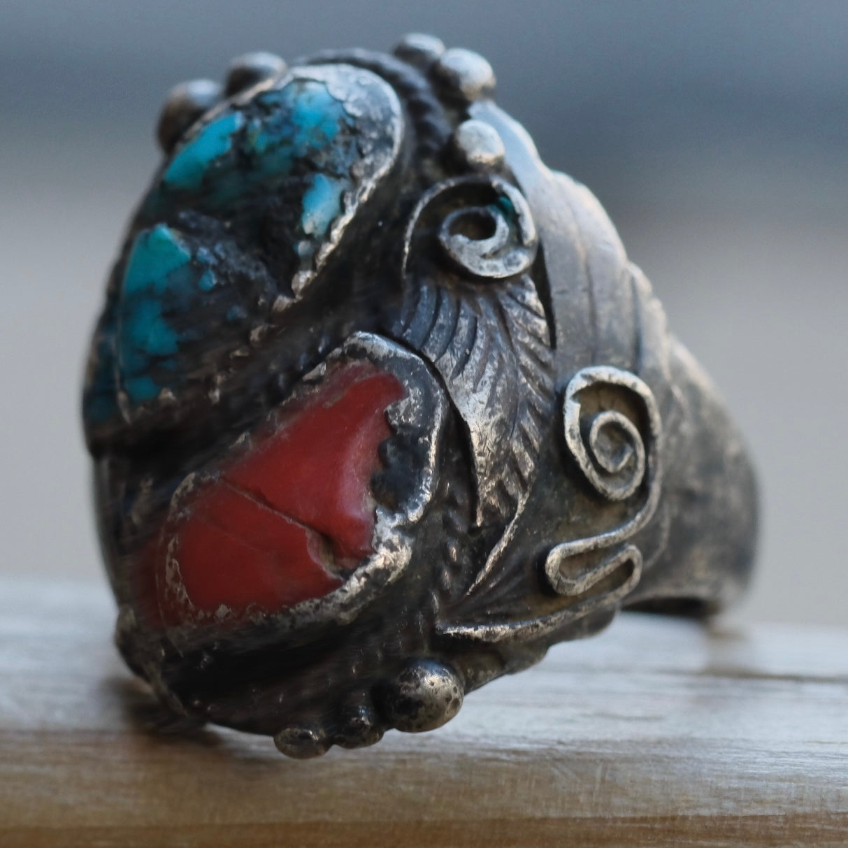 Vintage Sterling Turquoise and Coral Feather Ring 9.75