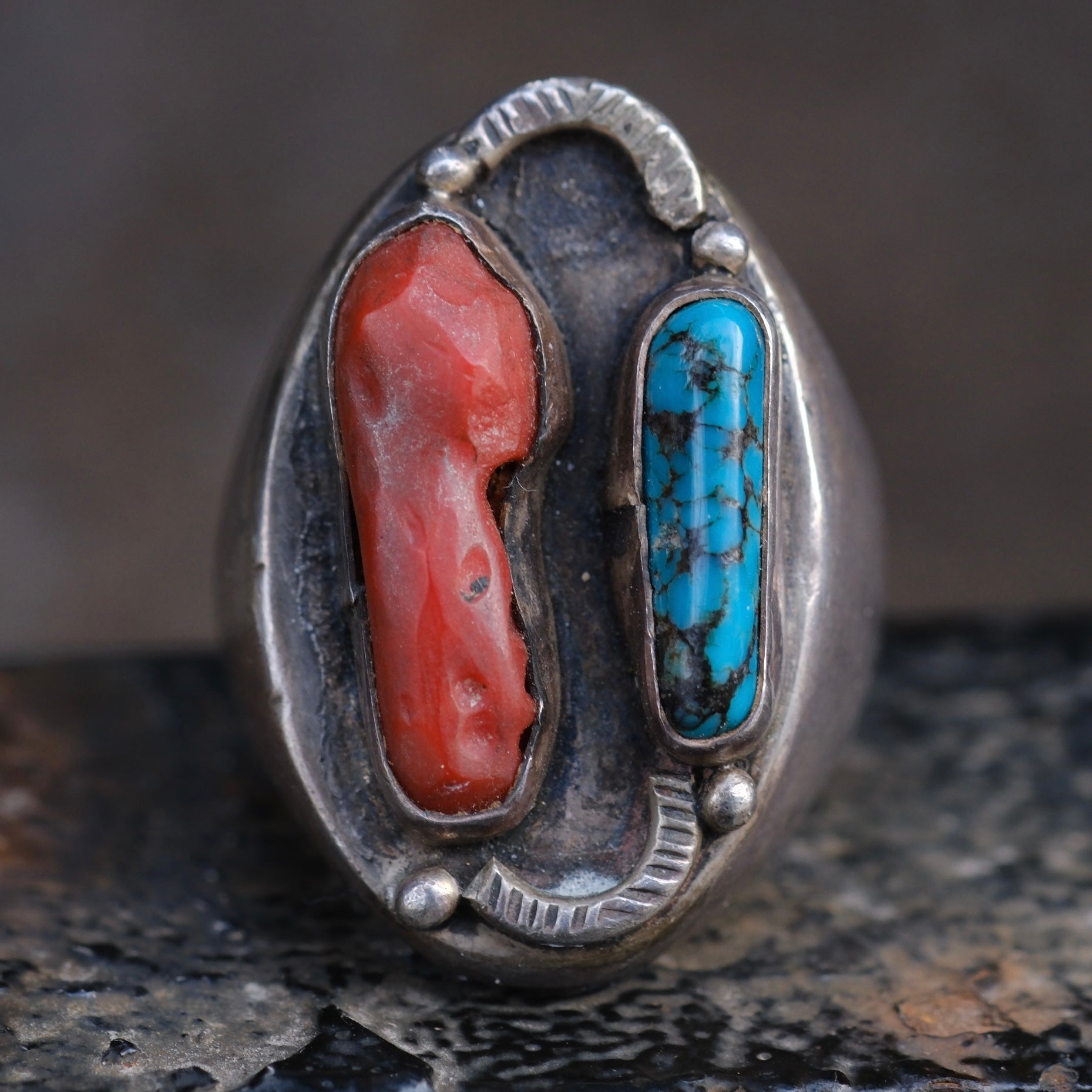 Vintage Sterling Turquoise and Coral Ring 10