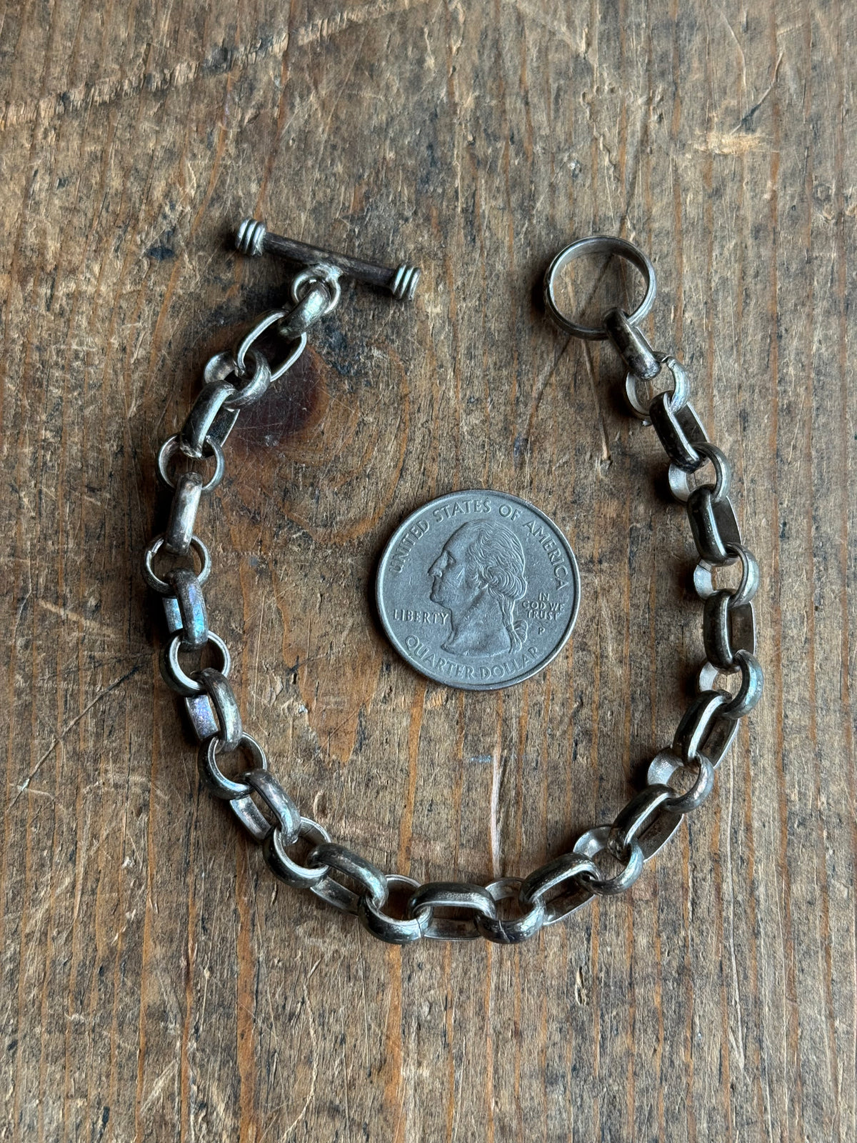 Vintage Sterling Silver Oval Circle Link Chain Toggle Bracelet