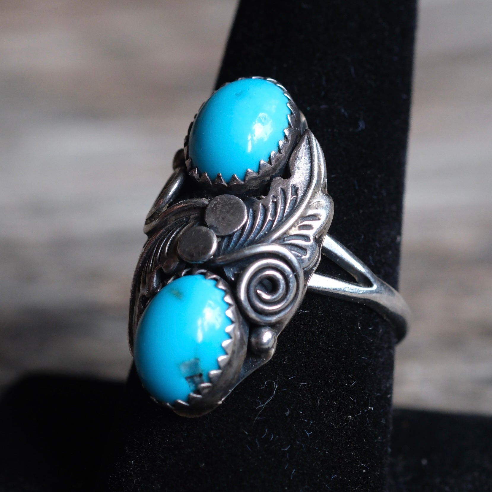 Vintage Sterling 2-Stone Turquoise Feather Ring 9