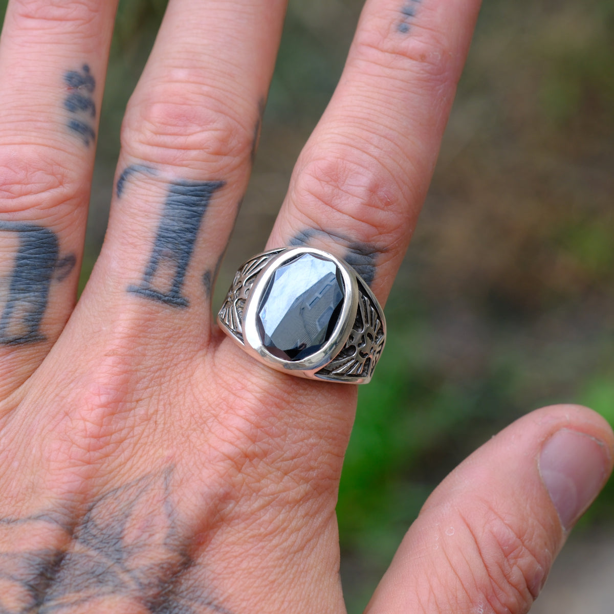 Vintage Sterling Hematite Thunderbird Ring 13