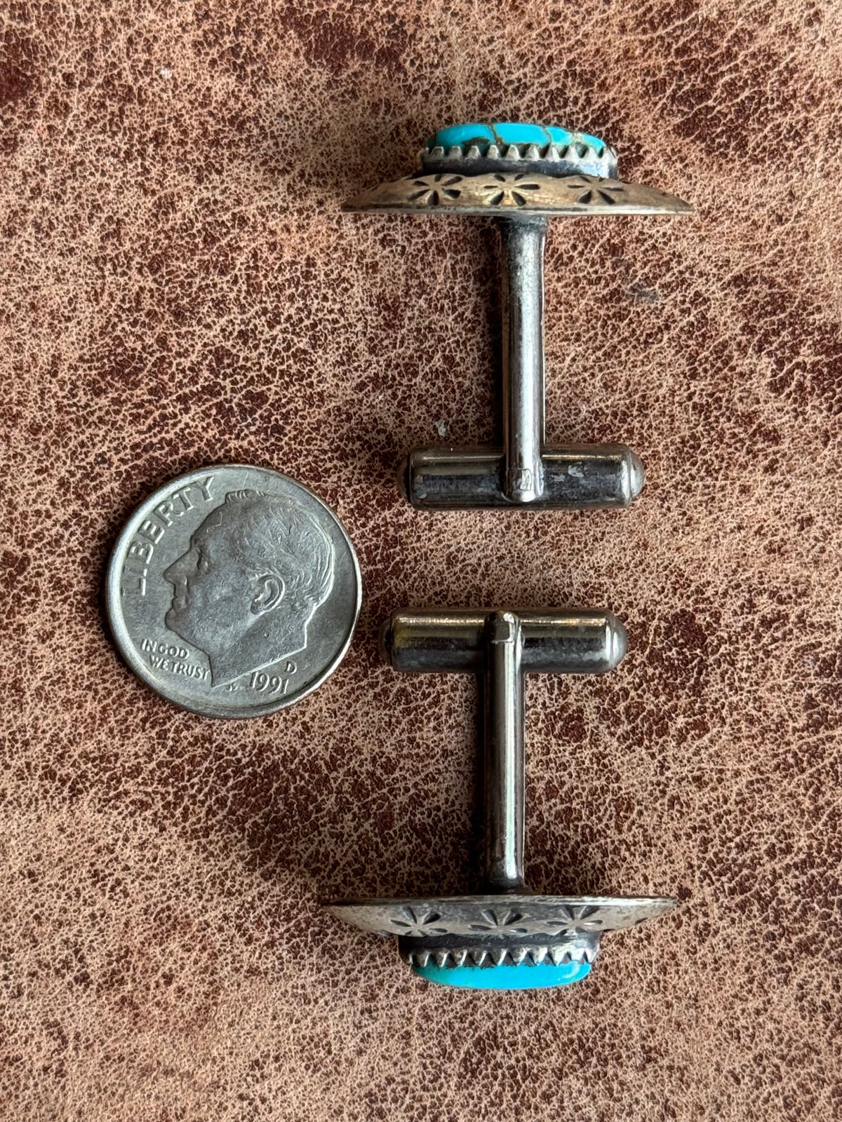 Vintage Sterling Silver Stamped Turquoise Shadowbox Cufflinks