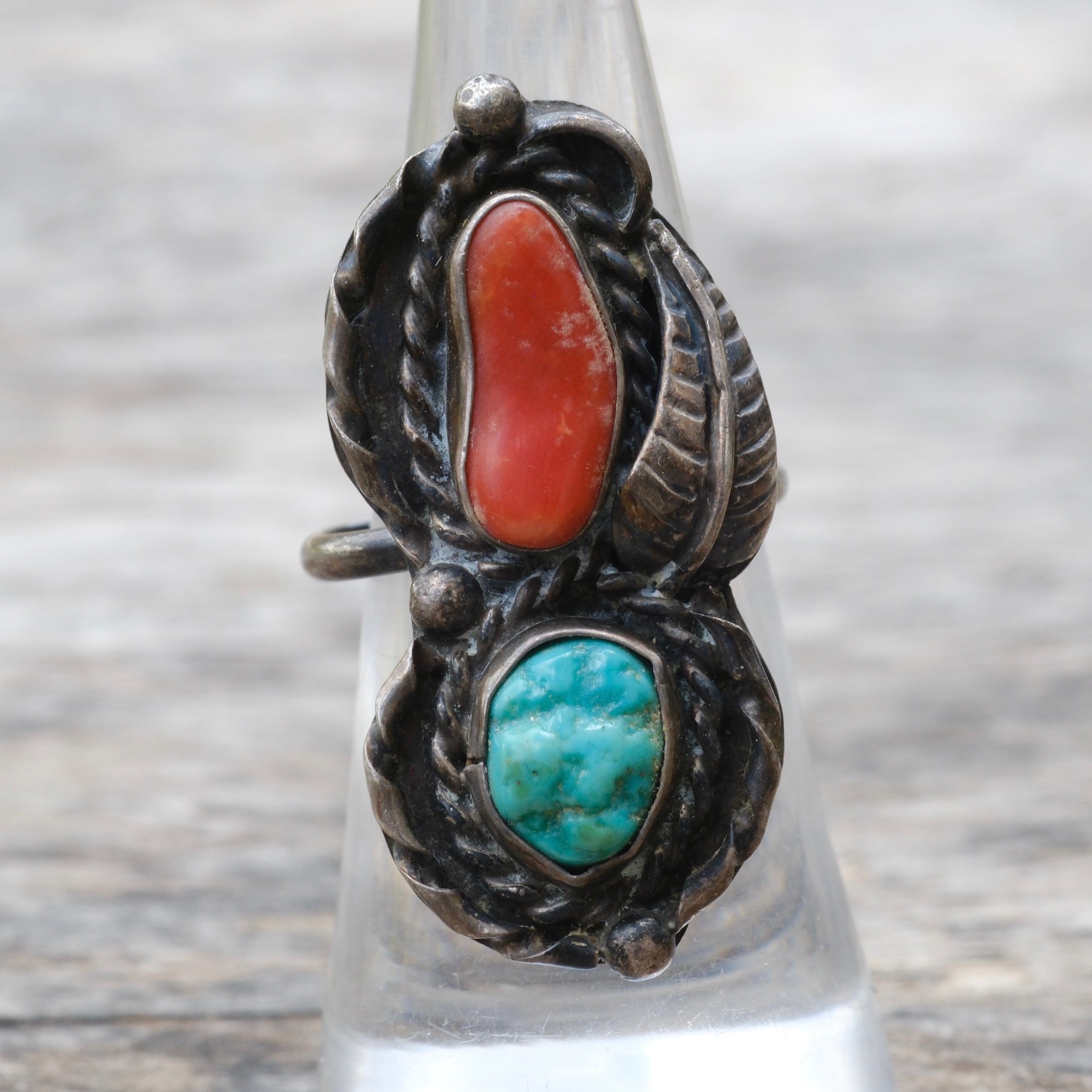 Vintage Sterling Turquoise and Coral Feather Ring 7.25