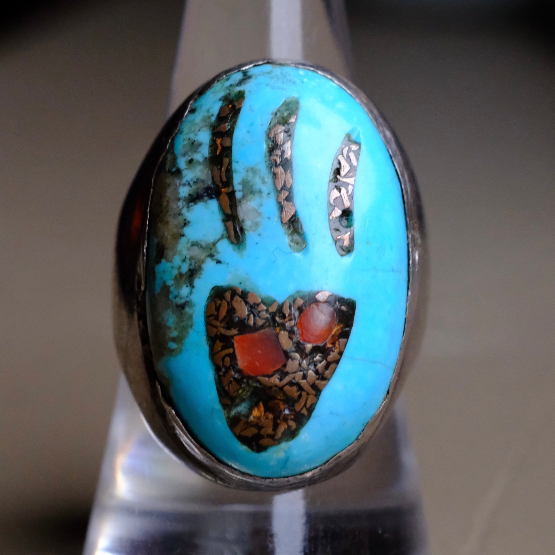 Vintage Sterling Turquoise Inlay Bear Paw Ring 9