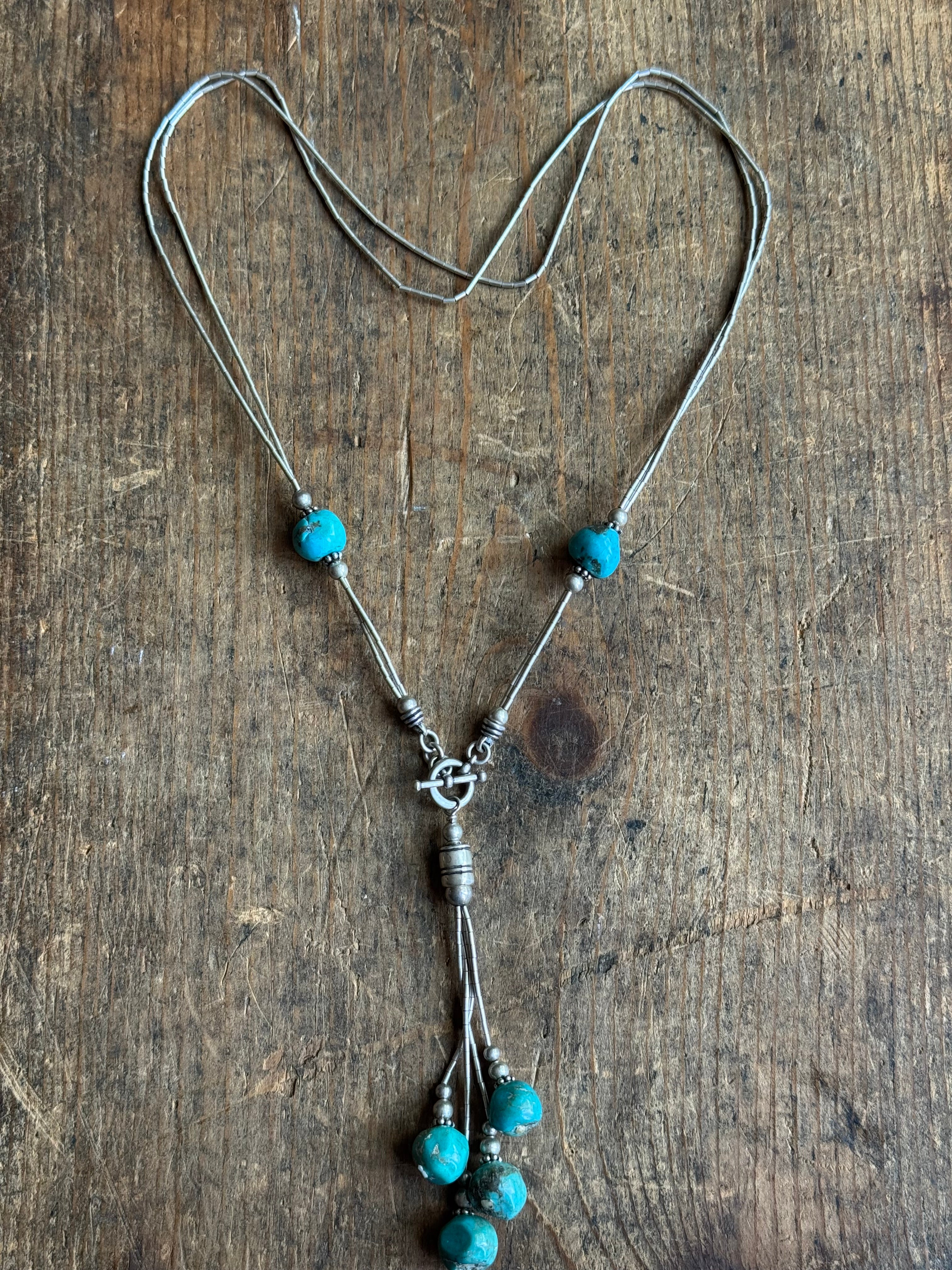 Vintage Sterling Silver Bead Block Turquoise Toggle Lariat Necklace