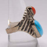 Vintage Sterling Turquoise and Coral Feather Ring 10.75