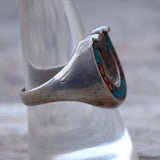 Vintage Sterling Crushed Turquoise and Coral Horseshoe Ring 9