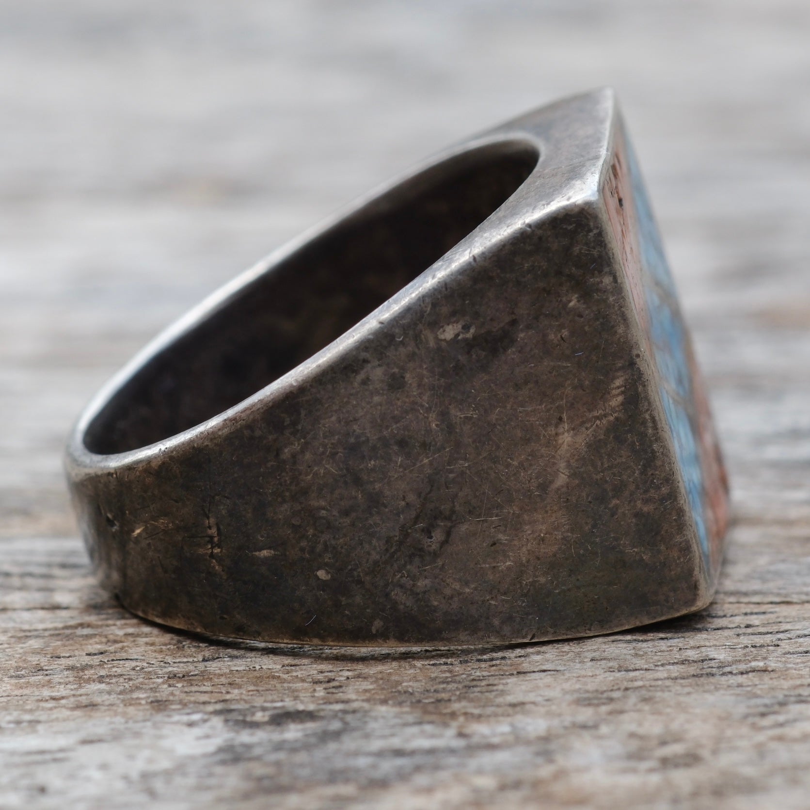 Vintage Sterling Crushed Turquoise and Coral Inlay Ring 10