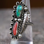 Vintage Sterling Turquoise and Coral Feather Ring 7.75