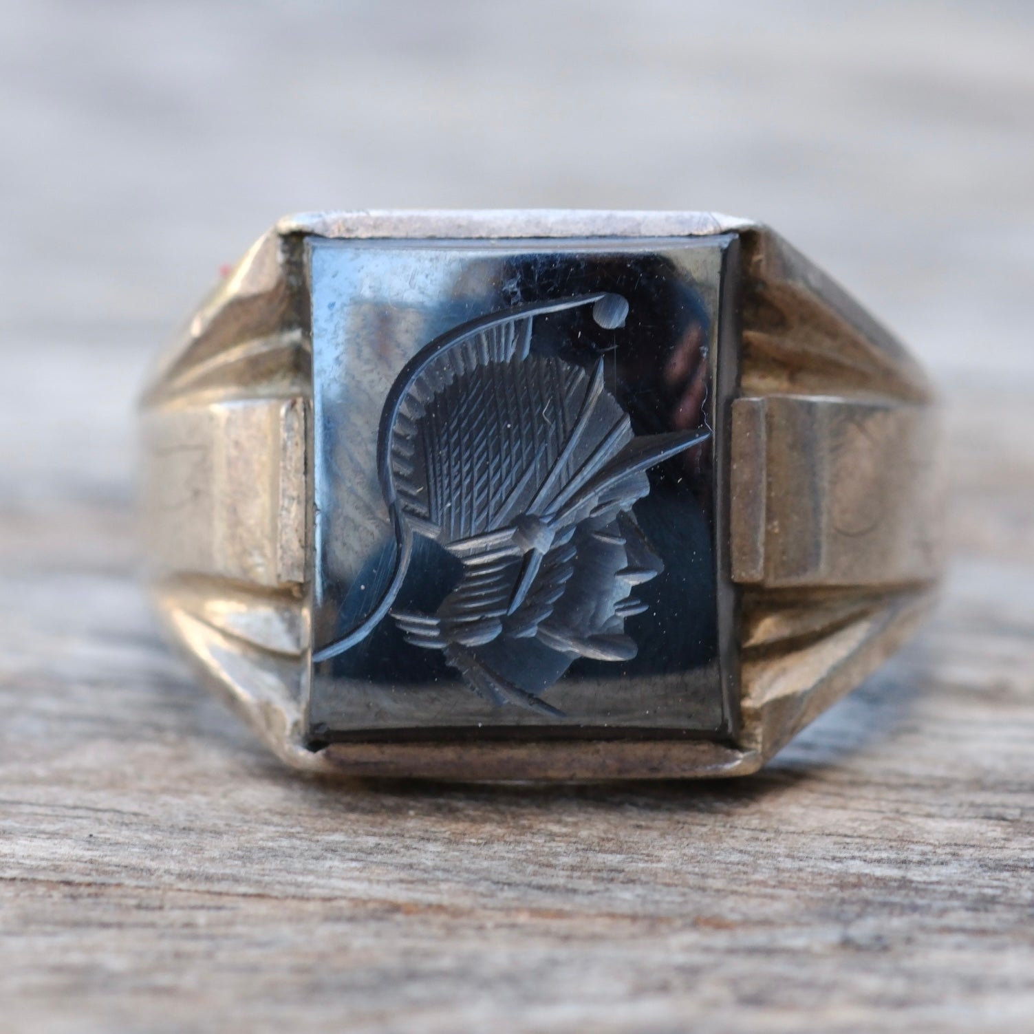 Vintage Sterling Hematite Signet Ring 8.5
