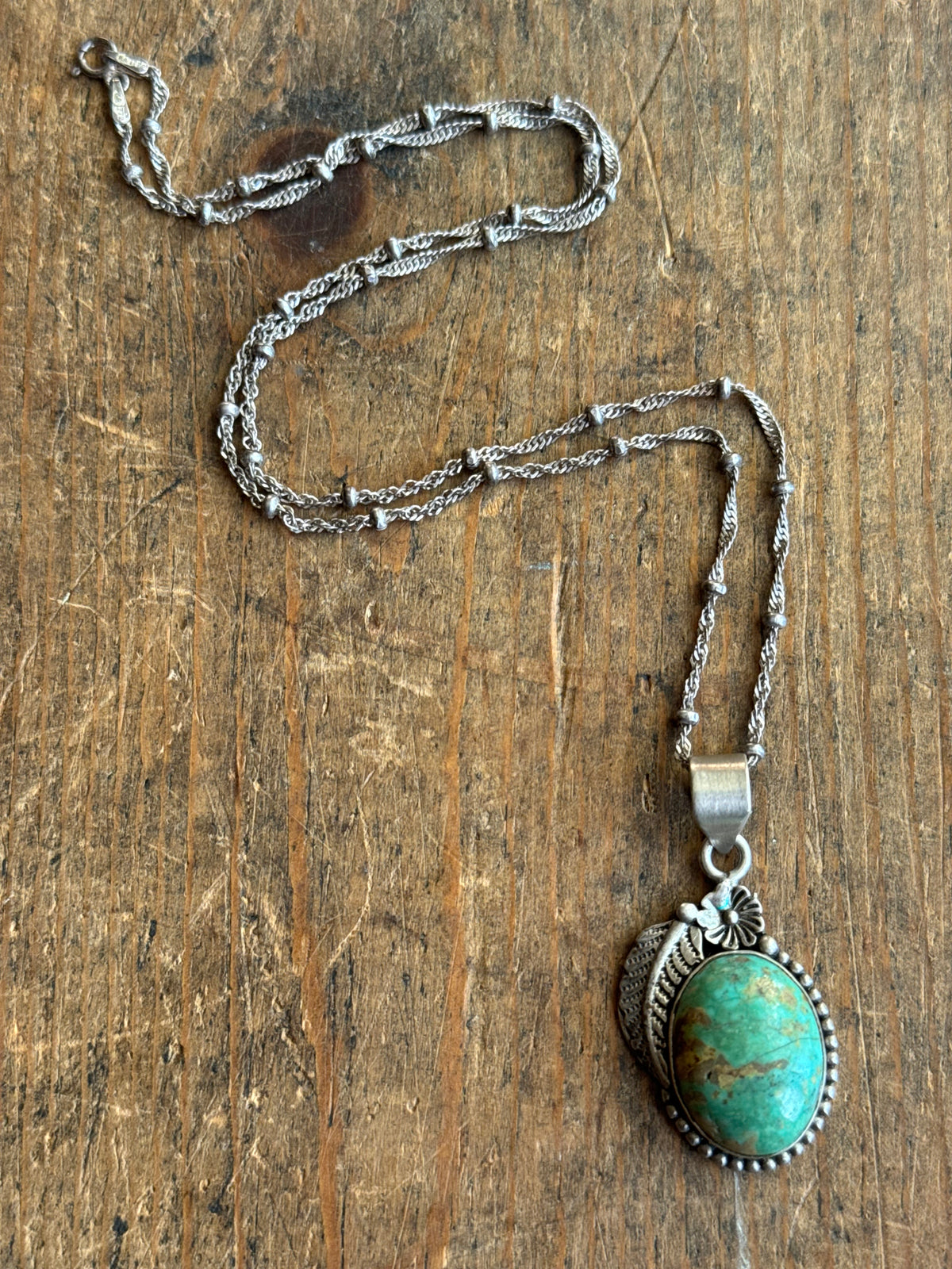 Vintage Sterling Silver Turquoise Flower & Leaf Necklace