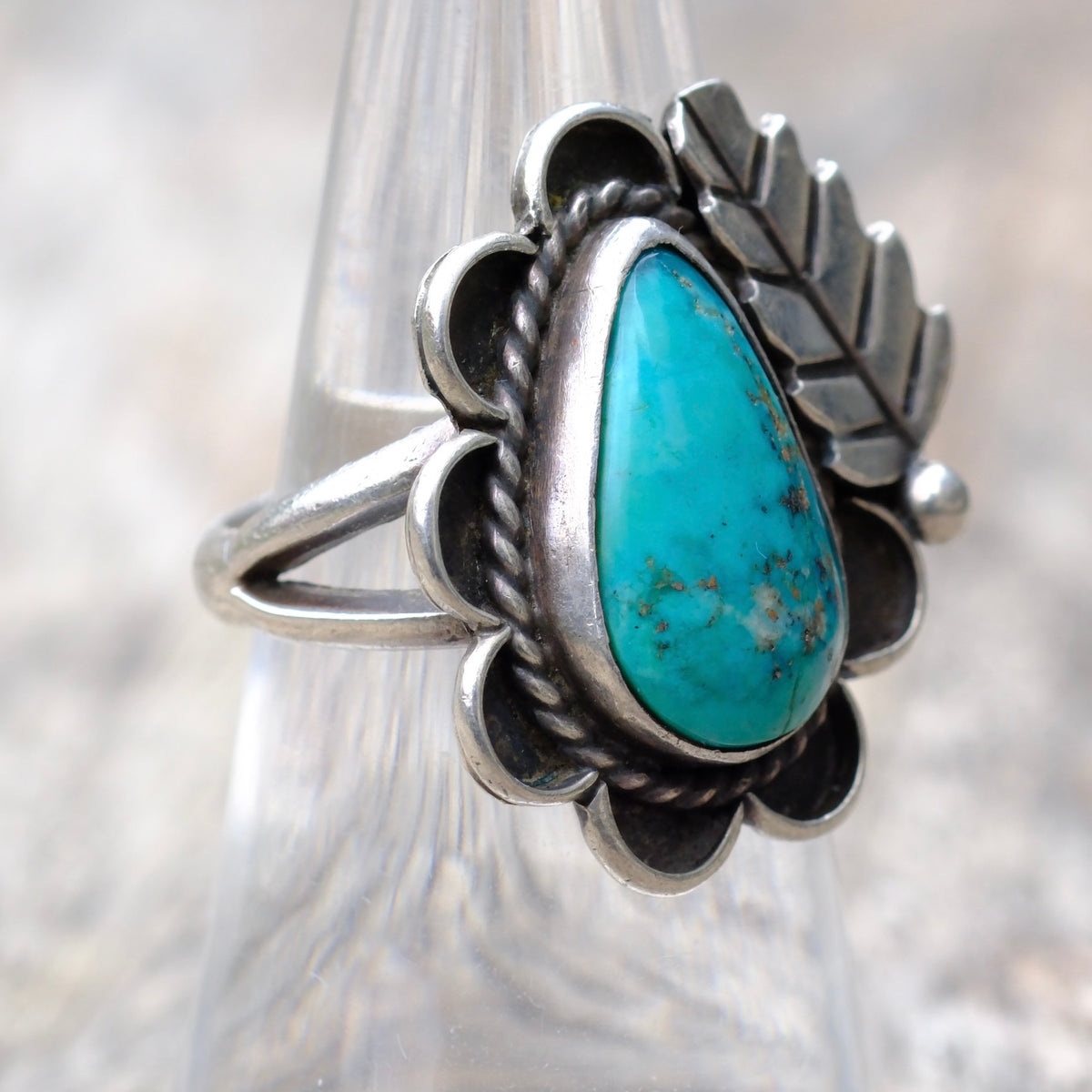 Vintage Sterling Turquoise Feather Ring 6.5