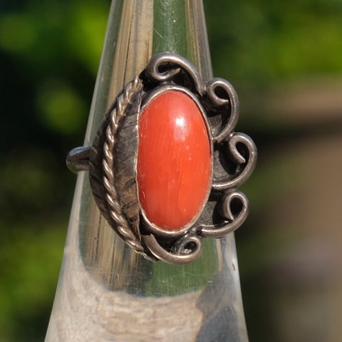 Vintage Sterling Coral Feather Ring 5.75