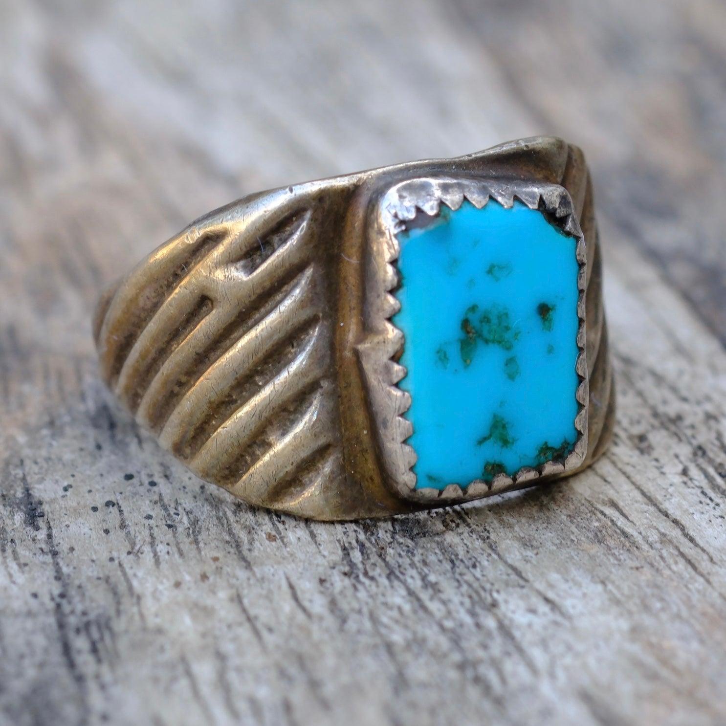 Vintage Sterling Turquoise Stamped Band Ring 10.5