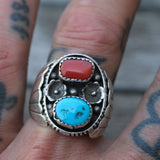 Vintage Sterling Turquoise and Coral Ribbed Band Ring 10.75