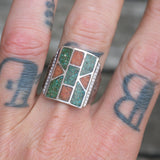 Vintage Sterling Turquoise and Coral Inlay Stamped Band Ring 10.25