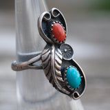 Vintage Sterling Turquoise and Coral Feather Ring 5.75