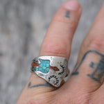 Vintage Sterling Crushed Turquoise and Coral Inlay Waterbird Ring 7.5