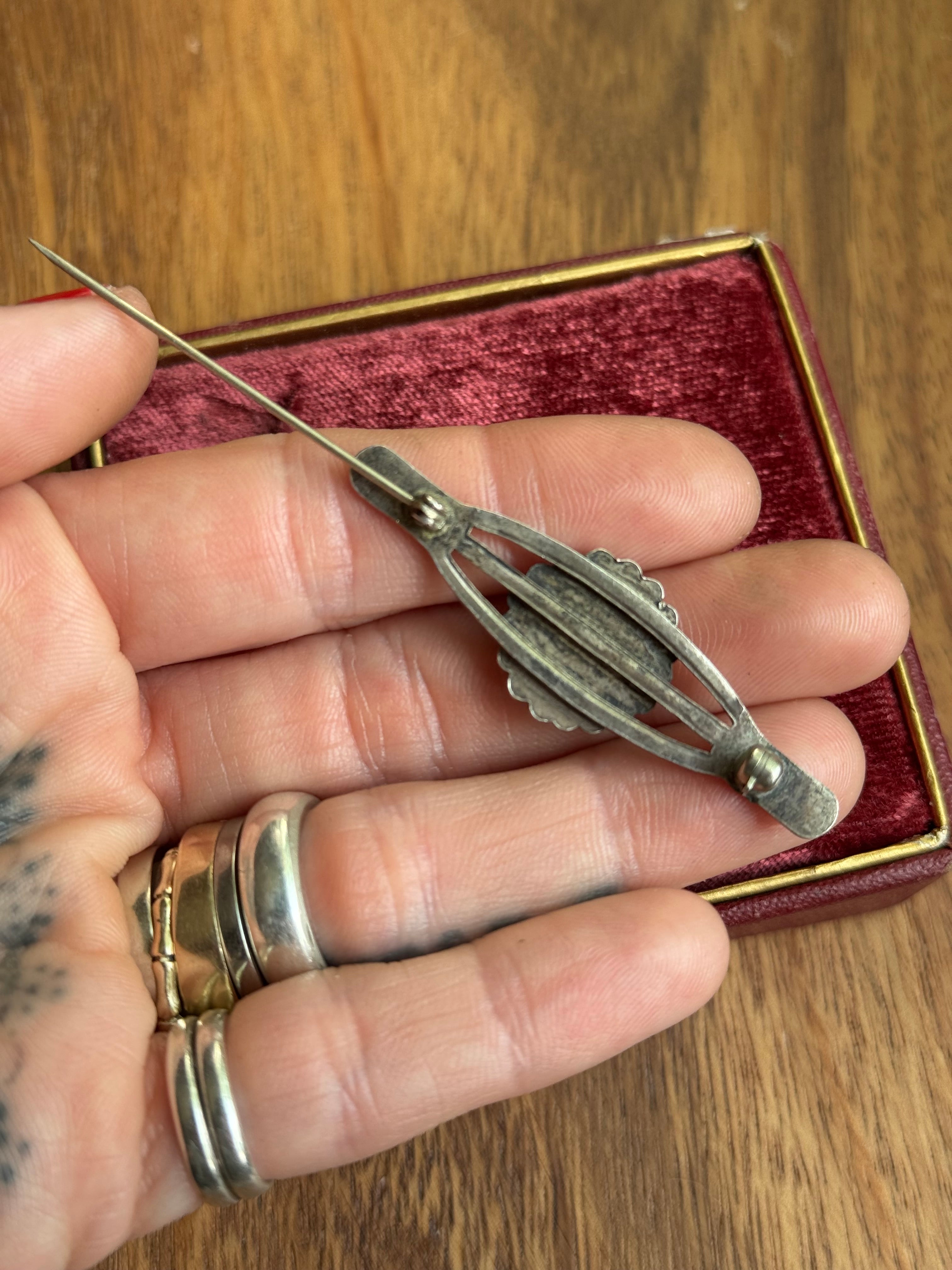 Vintage Sterling Silver Crossed-Arrow Turquoise Stamped Pin