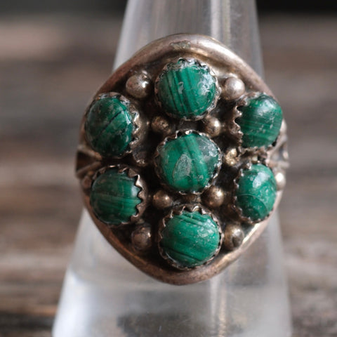 Vintage Sterling Malachite Cluster Ring 10.5